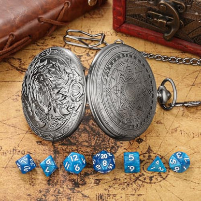 Mini DND Dice Set, 7-Piece Polyhedral Acrylic D&D Dice, with Steampunk Dragon Large Pocket Watch Case, DND Gift Bag with Dragon Logo, Role Play Board Game Accessories, Dark Silver + Blue - color: Silver + Blue