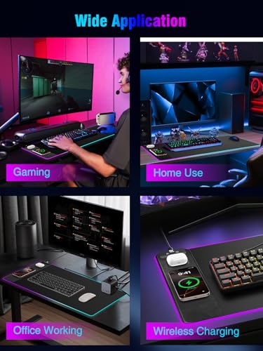 Mouse Pad with Magnetic Wireless Charging, Large Desk Pad Protector, RGB Black Desk Mat with 15W Fast Charger, Non-Slip Waterproof Mousepad for Office Home Gaming - color: Black-31.5"x15.8"