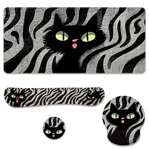 Black Cat Desk Mat Set Cartoon Zebra Large Mouse Pad with Wrist Rest 4-in-1 Desk Mat for Desktop Ergonomic Computer Desk Arm Wrist Anti-Slip Computer Ergonomic Mouse Pad Home Office Gaming - color: Black Cat Cartoon Zebra, size: 34.5" x 15.7"