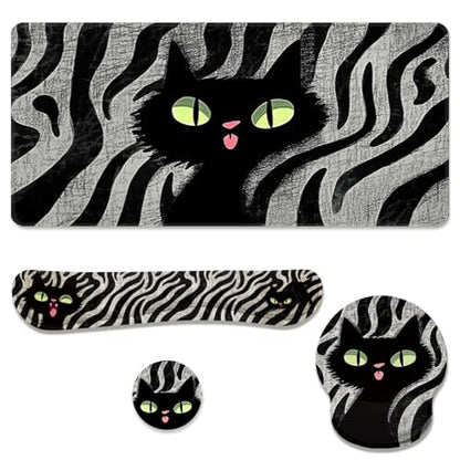 Black Cat Desk Mat Set Cartoon Zebra Large Mouse Pad with Wrist Rest 4-in-1 Desk Mat for Desktop Ergonomic Computer Desk Arm Wrist Anti-Slip Computer Ergonomic Mouse Pad Home Office Gaming - color: Black Cat Cartoon Zebra, size: 34.5" x 15.7"