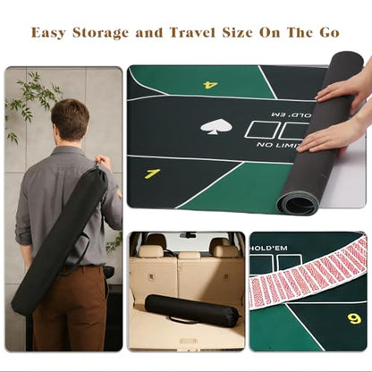 Poker Table Top Mat 70"x35" Blackjack Poker Mat with Non Slip Rubber Backing and Carry Bag for Home Poker Card Game Night Up to 10 Players (Green) - color: Green