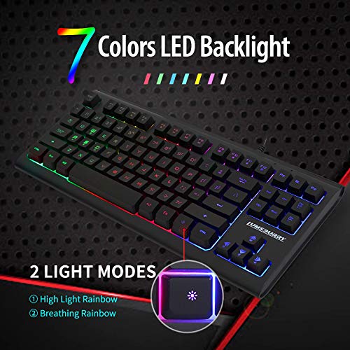 Lumsburry Computer Keyboard, 87 Keys Compact Wired USB Keyboard with Rainbow LED Light Up Backlit for PC Gaming Laptop Teclado Gamers Office Working