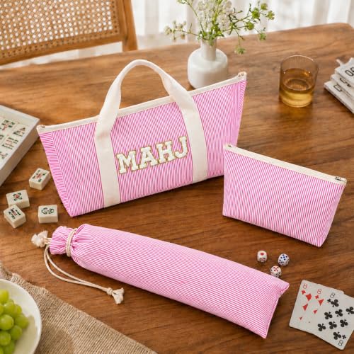 American Pink Mahjong Bag Set, 3 Empty Pcs of Mahjong Rack Storage Bags with Pink Stripes, Mahjong Tile Bag for Women Mahjong Lover or Man Party Supplies