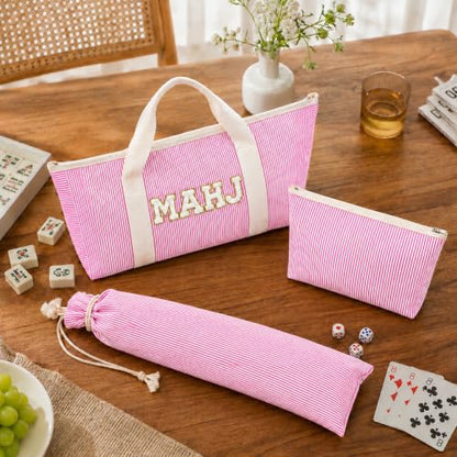 American Pink Mahjong Bag Set, 3 Empty Pcs of Mahjong Rack Storage Bags with Pink Stripes, Mahjong Tile Bag for Women Mahjong Lover or Man Party Supplies