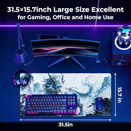 Lion Gaming Mouse Pad, XXL Chinese Landscape Desk Mat 31.5X15.7 | HD Print, Non Slip Rubber Base, Waterproof Fabric Top, Stitched Edges, Ideal Gift for Dorm, Home, Office & Back to School - color: Iceblue