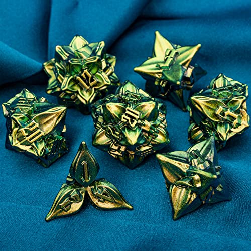 ARUOHHA DND Metal Dice Set Yellow Green Leaf Design Polyhedral Dice with Box, 7PCS D and D Dice RPG Role Playing Games D20 D12 D10 D8 D6 - color: Yellow Green