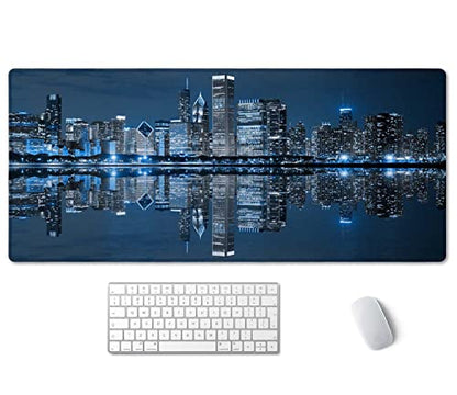 SSOIU Extended Gaming Mouse Pad (35.5x15.7 in), Large Non-Slip Rubber Base Mousepad with Stitched Edges, Waterproof Keyboard Mouse Mat Desk Pad for Work, Game, Office, Home - Chicago Skyline - color: Chicago Skyline