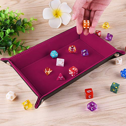 SIQUK Double Sided Dice Tray Folding Rectangle PU Leather and Dark Rose Red Velvet Dice Holder - color: Dark Rose Red