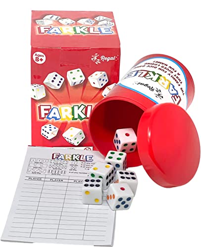 Regal Games - Farkle Classic Dice Game w/ 6 Colored Dice, 1 Convenient Dice Cup for Easy Shaking, and 25 Score Sheets - Fun Family Game for Travel, Camp, and More - Ideal for 2-4 Players (Ages 12+) - style: Classic