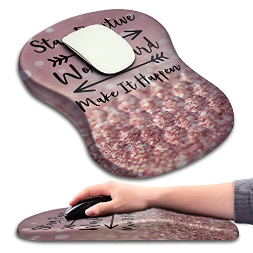 Mouse Pad Wrist Support, Ergonomic Mouse Pad with Massage Dot, Comfortable Computer Mouse Pad for Laptop, Wrist Rest Pain Relief Mousepad with Non-Slip PU Base for Office & Home, 12 x 8 in - color: 02-Rose Gold Glitter Stay Postive