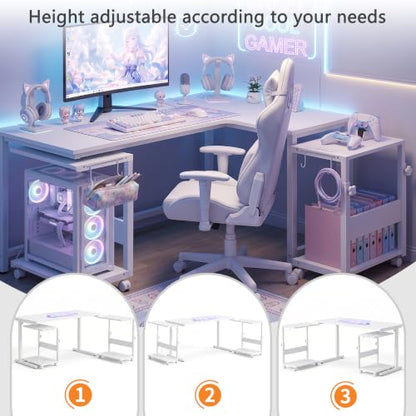 Height Adjustable PC Tower Stand with Charging Station | Computer Tower Stand with LED Light Strip,Mobile Rolling CPU Holder for Office Home - color: White, size: 19.29'' × 11.42'