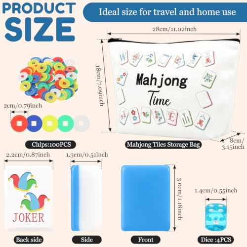 160 American Mahjong Tile Set with Bag 1.2'' Blue Mah Jongg Tiles | Travel Floral Engraved Melamine Mahjong Set for Beginner Friends Clubs Family Game Night Gifts (4 Dice, 100 Poker Chips)
