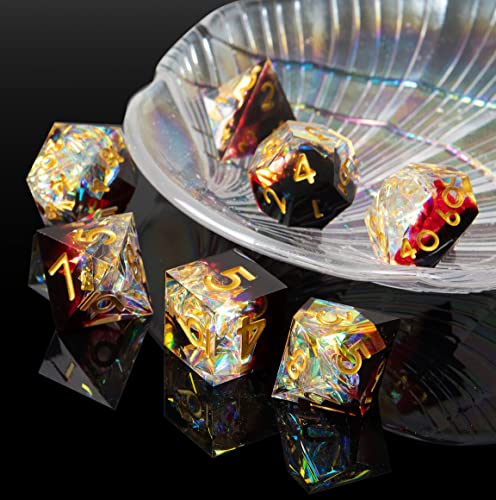 Sharp Edge DND Dice Set Handmade 7 Accessories Dice for Dungeons and Dragons TTRPG Games, Multi-Sided RPG Polyhedral Resin Sharp Edge Dice Roleplaying Games (Sequin Red) - color: Sequin Red