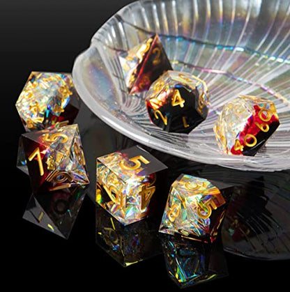 Sharp Edge DND Dice Set Handmade 7 Accessories Dice for Dungeons and Dragons TTRPG Games, Multi-Sided RPG Polyhedral Resin Sharp Edge Dice Roleplaying Games (Sequin Red) - color: Sequin Red