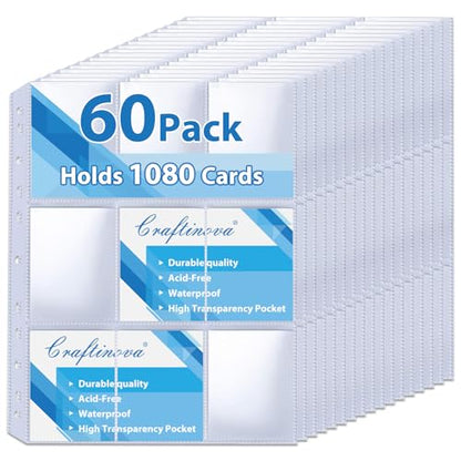 60 Pack 9 Pocket Card Sleeves Binder Sheets，Holds 1080 Cards, Clear Trading Card Sleeve Pages Protector for 3 Ring Binder, Fit for Baseball,Football,Game,Business Cards - size: 60 pack