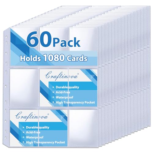 60 Pack 9 Pocket Card Sleeves Binder Sheets，Holds 1080 Cards, Clear Trading Card Sleeve Pages Protector for 3 Ring Binder, Fit for Baseball,Football,Game,Business Cards - size: 60 pack