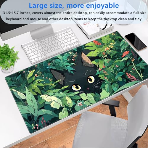 Cute Black Cat Desk Mat, Anime Green XXL Large Gaming Mouse Pad | Kawaii botanical black cat desk pad with soft 3mm cushion, smooth cloth top, and steady non-slip rubber core. - color: Black Cat