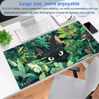 Cute Black Cat Desk Mat, Anime Green XXL Large Gaming Mouse Pad | Kawaii botanical black cat desk pad with soft 3mm cushion, smooth cloth top, and steady non-slip rubber core. - color: Black Cat