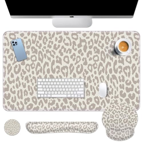 Arttown Keyboard Mouse Pad Set, 4 in 1 Desk Mat Set Leopard Animal | Skin Khaki Large Mousepad+Keyboard Wrist Rest+Mouse Wrist Rest+Coaster Ergonomic Design for Home Office Computer - color: Light Khaki Leopard