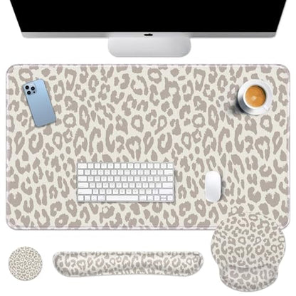 Arttown Keyboard Mouse Pad Set, 4 in 1 Desk Mat Set Leopard Animal | Skin Khaki Large Mousepad+Keyboard Wrist Rest+Mouse Wrist Rest+Coaster Ergonomic Design for Home Office Computer - color: Light Khaki Leopard