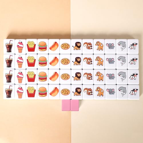 GRACIAS 2 Players Mahjong Block Set, Mahjong Tile Game with 50 Premium Pink Tiles(30mm) Animal and Food Pattern, Portable Mahjongg Set with A Carry Bag - color: Pink