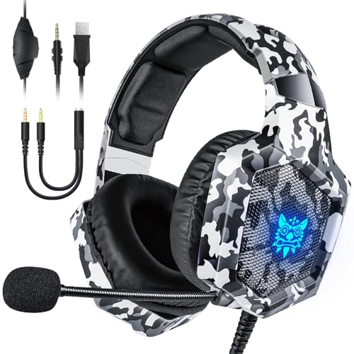Nanddi Gaming Headset with Microphone, Gaming Headphones for PS4 PS5 Xbox One PC with LED Lights, PlayStation Headset with Noise Reduction 7.1 Surround Sound Over-Ear and Wired 3.5mm Jack (White) - color: Camo White