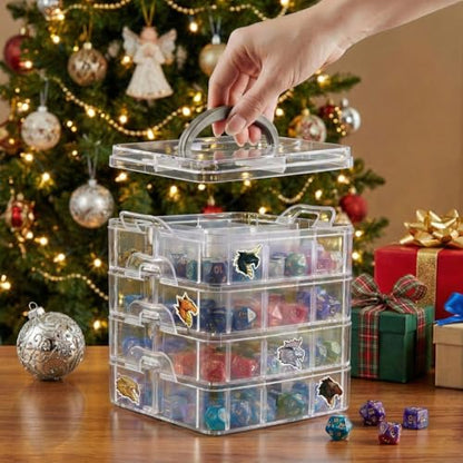 PUGED DND Dice Storage Box with Removable Dividers Polyhedral Dice Plastic Organizer Holding Up To 1200 Dices Craft Bead Compartment Container with Stickers for Sewing, Jewelry, Art, DIY - size: 4 layers