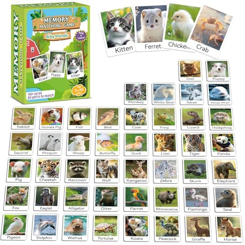 gisgfim 100 PCS Memory Matching Game Animal Babies Concentration Memory Card Educational Game for Kids Adults A Fun & Fast Baby Animals Game Toddlers Preschool Family Board Gift Matching Games - style: Animal Babies