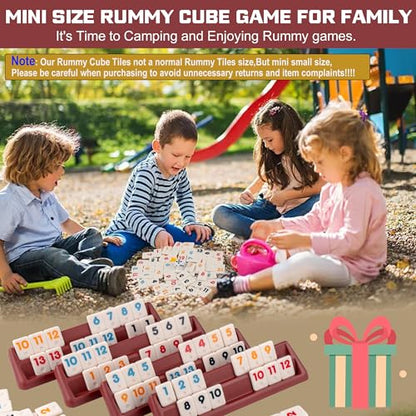 Smilejoy Mini Rummy Cube 4 Players Edition,Travel Rummy Game Set with Portable Canvas Bag,Classic Board Game for Adults and Kids |106 Tiles | 4 Playing Racks |1 Dice | (2-4 Player) | Travel carry bag,4 Hold racks, 2 jokers, 106 Color Melamine tiles, Trave