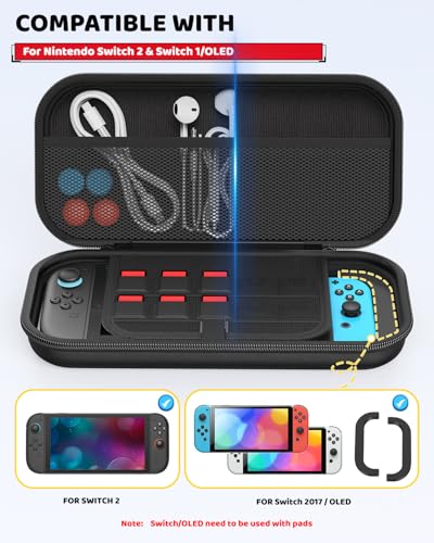 Switch 2 Slim Hard Shell Carry Case for Nintendo Switch 2 2025/Switch/OLED | Hard Shell Carrying Case with Soft Lining, 10 Card Slots, Durable Ballistic Nylon, Soft Silicone Handle, Switch2 Carry Case - color: Black
