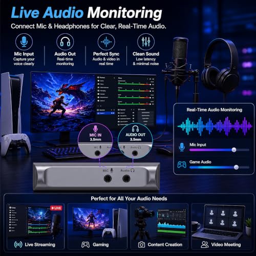 Guermok 4K@60FPS Capture Card for Streaming, 2K@120FPS USB 3.0 HDMI to USBC Camera Video Capture, 4K60 Passthrough, 3.5mm Audio in & Mic Out, Works with Switch 2/1, PS5/4, Xbox, Pad, Mac, PC