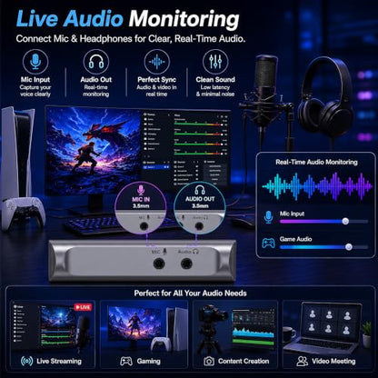 Guermok 4K@60FPS Capture Card for Streaming, 2K@120FPS USB 3.0 HDMI to USBC Camera Video Capture, 4K60 Passthrough, 3.5mm Audio in & Mic Out, Works with Switch 2/1, PS5/4, Xbox, Pad, Mac, PC