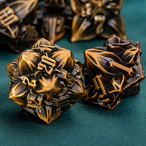 ARUOHHA DND Metal Dice Set Ancient Gold Leaf Design Polyhedral Dice with Box, 7PCS D and D Dice RPG Role Playing Games D20 D12 D10 D8 D6 - color: Leaves- Ancient Gold