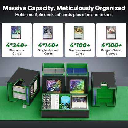 Kabinka Commander Deck Box for MTG with Handle, Multi Deck Case | with Large Dice Tray Fits 400+ Double-Sleeved Cards, 5 IN 1 TCG Card Storage Box, 35PT Card Holders (Black Green) - color: Black Green