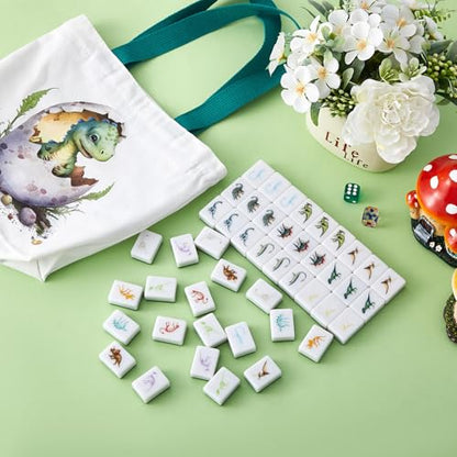Hollowfly 2 Player Mahjong Block Set with Storage Bags 65 Tiles 30 mm Dinosaur Mahjong Push Tile Game with Dinosaur Pattern No DIY Required for Friend Family Game Night Party Gift - style: Dinosaur