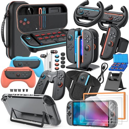 Switch 2 Accessories Bundle, 30-in-1 Kit for Nintendo Switch 2, Black | Carry Case, Controller Charger Dock, Grips for JoyCon, Steering Wheels,Wrist Band,Leg Strap, Switch 2 Console Protective Case - color: Black (30Pcs)