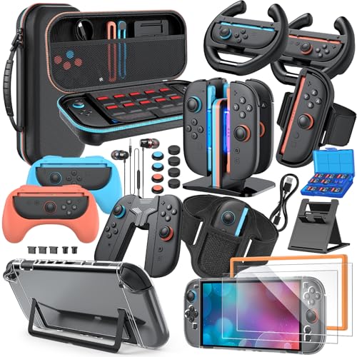 Switch 2 Accessories Bundle, 30-in-1 Kit for Nintendo Switch 2: Carrying Case, Controller Charger Dock, Grips for JoyCon, Steering Wheels, Wrist Band, Leg Strap, Protective Cover for Switch 2 Console, Black (30Pcs) - color: Black (30Pcs)