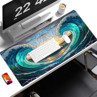YKJWW Beach Sunset Desk Pad Cute Large Mouse Keyboard Desk Mat, Aesthetic Cute Gaming Desk Keyboard Mats for Desk Mat, Faux Stained Glass Sunset Mousepad Southwest Landscape Desk Pad 31.5x15.7 in - color: Blue Beach