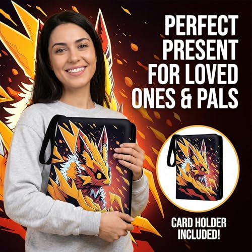 Trading Card Binder Small 4 Pocket,capacity of 400 Cards, 50 Clear Sheets Included, 3 Rings And Zipper, Cards Binder, Collector Binder, Water Proof with Dragon Design (Red Fox, Small) - color: Red Fox, size: Small