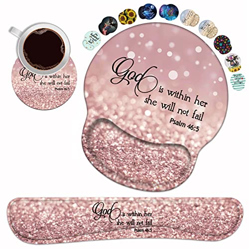 Keyboard Wrist Rest and Mouse Pad Wrist Support Set with Coasters, Quote Bible Verse Psalm 46:5 Wrist Mouse Pad with Non-Slip PU Base for Home Office Working Studying Easy Typing & Pain Relief - color: Quote Bible Verse Psalm 46:5