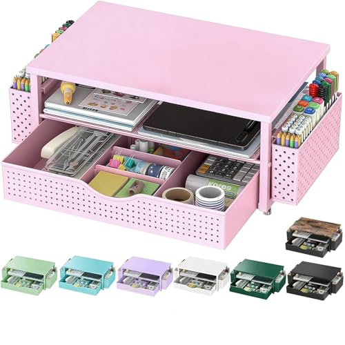 Spacrea Desk Organizer and Accessories, Computer Monitor Stand Riser with Drawer and 2 Pen Holders, Office Desk Accessories & Workspace Organizers for Office Supplies (Pink) - color: Pink