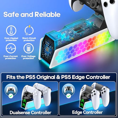 PS5 Controller Charger Station Compatible with DualSense & Edge Controllers, PS5 Charging Station Docking with RGB Light & LED Indicator for PS4 Controller Charger