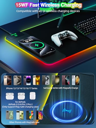 Wireless Charging Mouse Pad, 31.5"x11.81" XL Gaming Mousepad with 11 RGB Colors & 5 Lighting Modes, Home Office Large Desk Pad, Ultra-Smooth Surface, Non-Slip, Waterproof Keyboard Pad Black Desk Mat - color: 31.5x11.81"-Black Left Upgraded