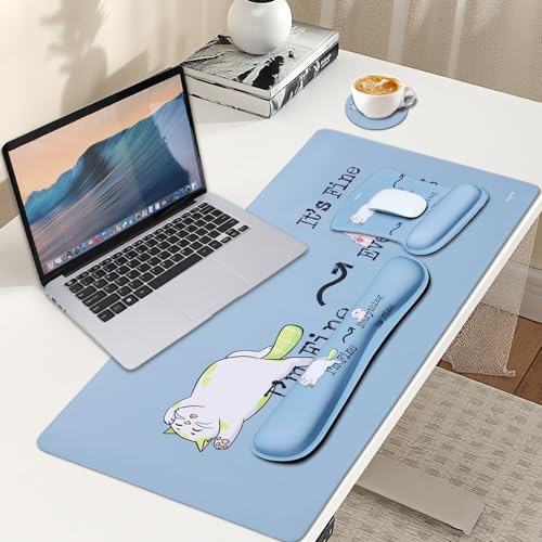MEGREZ 4-in-1 Mouse Pad with Wrist Rest Ergonomic Memory Foam Desk Mat Set | ergonomic, anti-slip base, 4pcs set, desk pad, mouse wrist rest, keyboard rest, coaster, ideal for office & gaming - color: Haze Blue