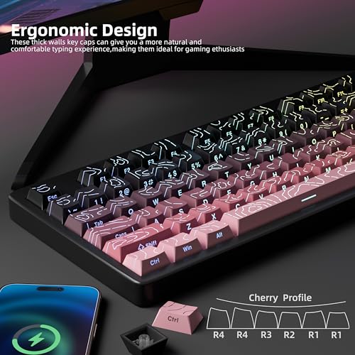 FunHub Shine Through PBT Keycaps - Pink Side Printed DoubleShot Keycaps Set 133 Keys 60 65 75 100 Percent Cherry Profile,Gradient Topographic RGB Backlit Key Caps for MX Full Size Mechanial Keyboards - color: Pink