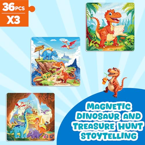 Magnetic Jigsaw Puzzles for Toddlers Kids 3-8 Boys,(3 36-Pieces) Travel Puzzles Toys for Kids Ages 4-6,Take-Along Car Airplane Road Trip Activities Game for 3 4 5 6 7 8 Year Old Birthday Gift - style: Dinosaur