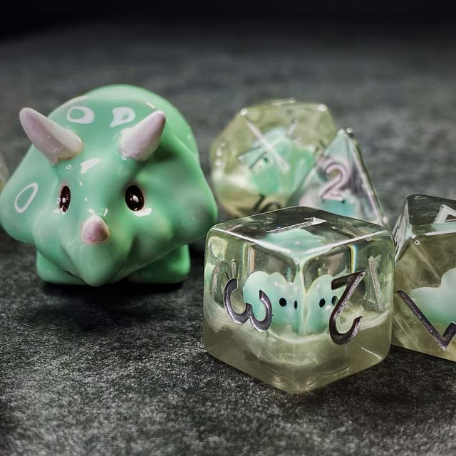 Sage's Portal Familiars Dice and Toy Set Combo Resin DND Dice Set Polyhedral Dice Set for Dungeons and Dragons RPG Pathfinder Tabletop TTRPG (Teal Triceratops+ Figurine) - color: Teal Triceratops, style: Dice Set +Mini Figure