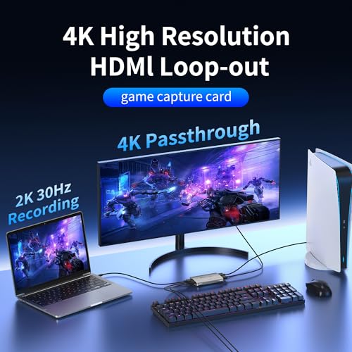 USB 3.0 Audio Video Capture Card with Microphone 4K60HZ HD Loop Output, 2K30fbs 1080p 60fps Video Recorder for Streaming Video Game Capture for Cell Phones/DSLR Cameras / PS5/Switch2 / Xbox/PC