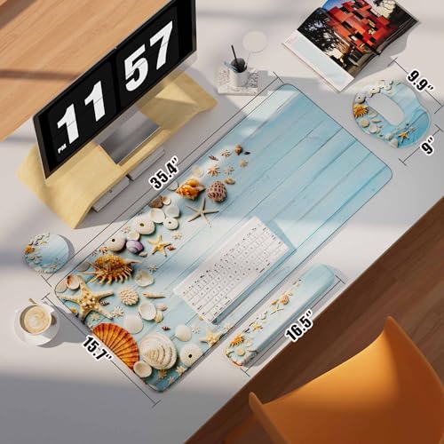 Desk Mat Set Keyboard and Mouse Pad with Wrist Rest Support | Ergonomic,Pain Relief, 4-in-1 Large Big Mousepad Computer Mats,Desk Pad Matt Mats for Desktop Home & Office - color: I-Blue Seashell