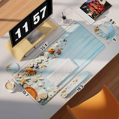Desk Mat Set Keyboard and Mouse Pad with Wrist Rest Support | Ergonomic,Pain Relief, 4-in-1 Large Big Mousepad Computer Mats,Desk Pad Matt Mats for Desktop Home & Office - color: I-Blue Seashell